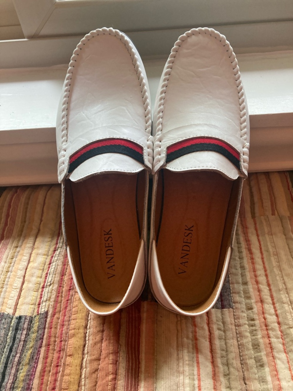 Vandesk White Leather Slip-On Loafers with Red & Black Stripe